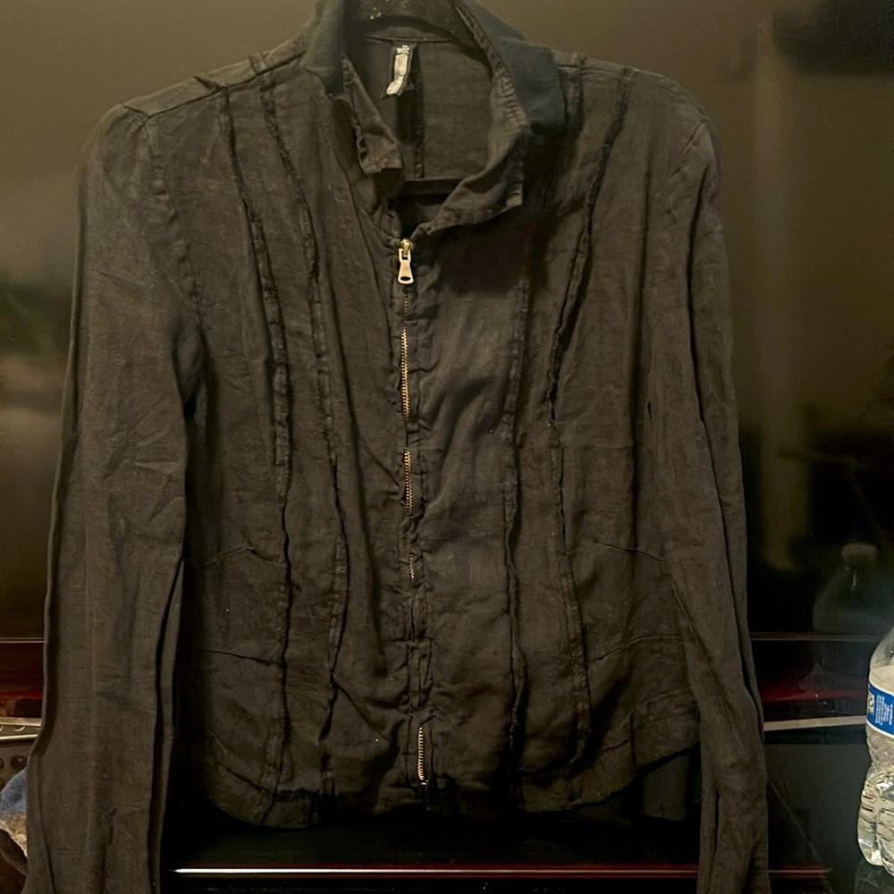 Inizio italian XL Linen Moto Blazer Jacket black Lagenlook Zip Shirt